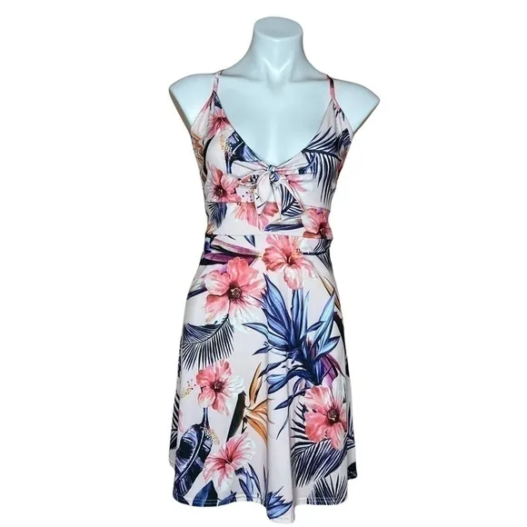 Boohoo Pink Tropical‎ Floral Tie Front Cutout Skater Dress Summer Vacation - Image 2