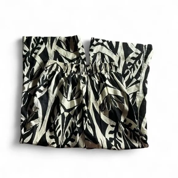 Women's Wide Leg Palazzo Pants M Black Cream Abstract Print Boho Resort Flowy - Image 4