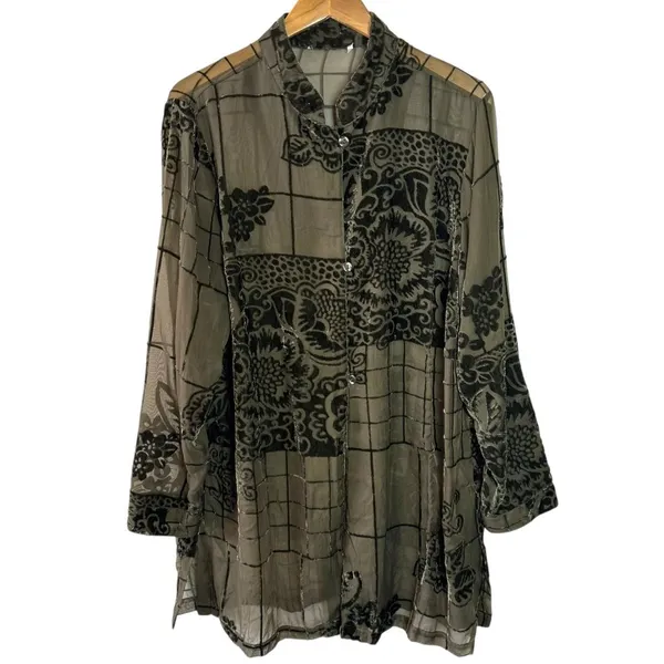 Coldwater Creek Olive Green Velvet Burnout Sheer Tunic Top XL Elegant Artwear - Image 3