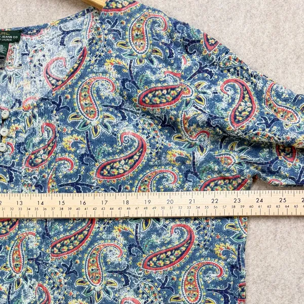 Lauren Ralph Lauren Blue Paisley Henley Blouse XL‎ 3/4 Sleeve Cotton Viscose Top - Image 7