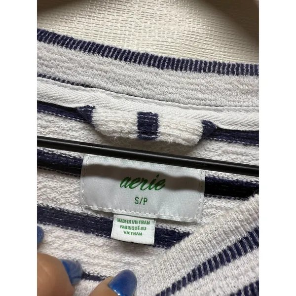 Aerie Sweatshirt Oversized Sz S Blue White Stripe‎ Crewneck Pullover Terry Boho - Image 3