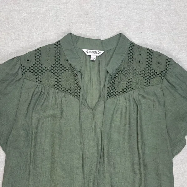 Nanette Lepore | Olive Green Lace Yoke Short Sleeve Top | Large - Image 3