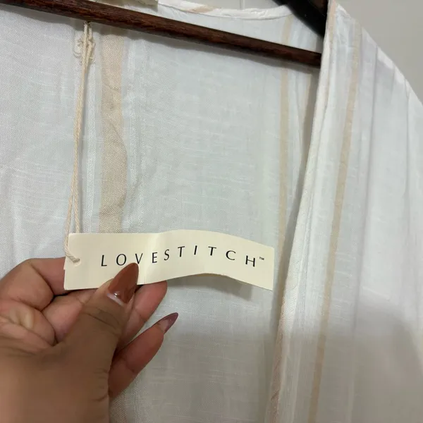 Lovestitch White Striped Kimono Cover Up S/M Boho Beach Caftan Tassel Tie - Image 14