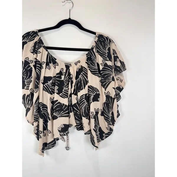 Free People Womens Top Beige Merpati Print Off The Shoulder Drapey Blouse Small - Image 6