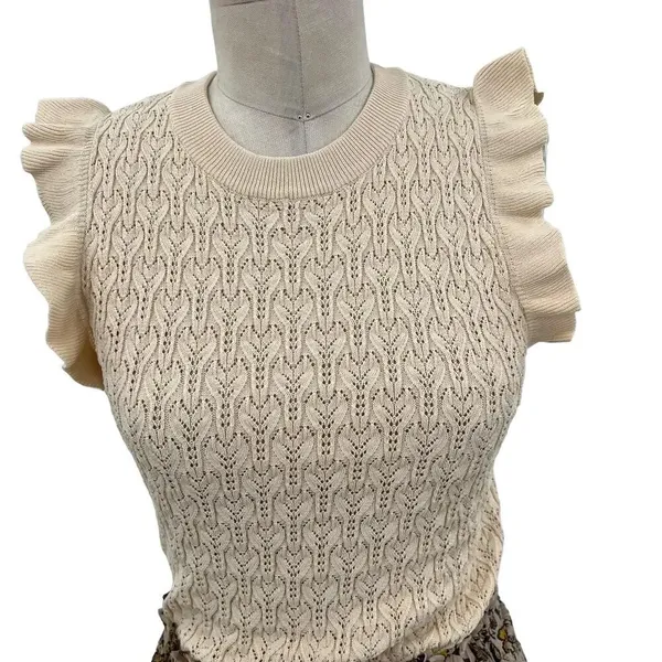 Anthropologie Current Air Dress Mini Sweater Ruffle Crewneck‎ Beige Size Small - Image 4