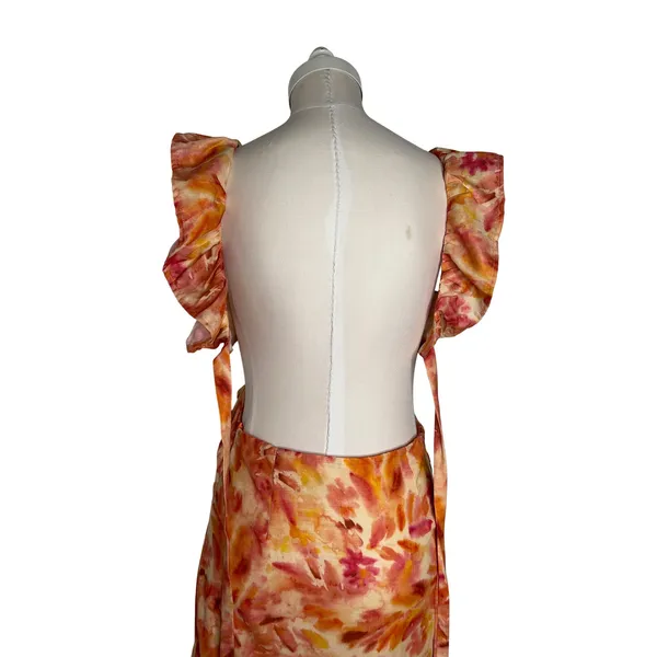 Micas Floral Ruffle Cut Out Maxi Dress Orange Pink Watercolor Size M NWT - Image 7