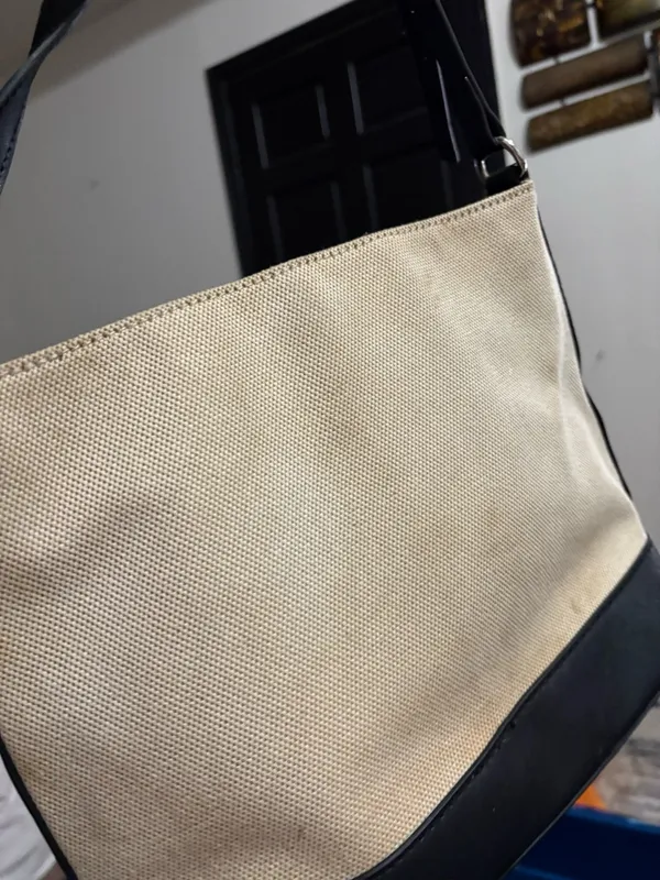 GUESS Beige Canvas Tote with Black Handles and Silver Logo - Image 4