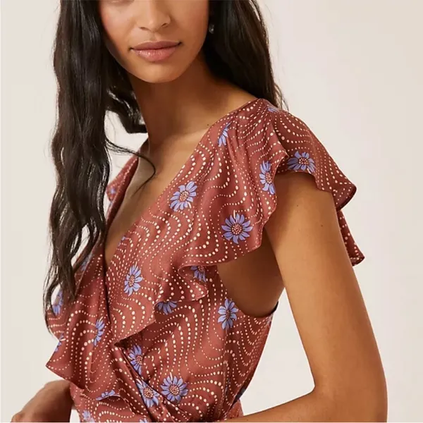 Anthropologie Ruffle Sleeve Printed Wrap Maxi Dress brown cornflower S - Image 3