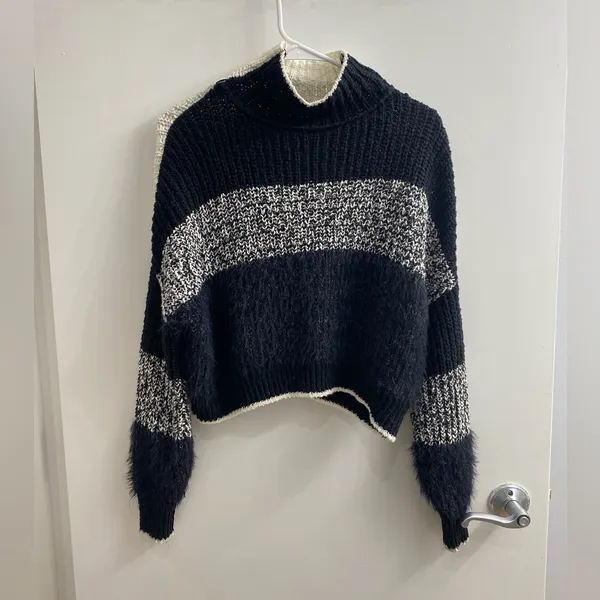Free People Sunbrite Mock Neck Cropped Sweater Black Ivory Size XS - Image 3