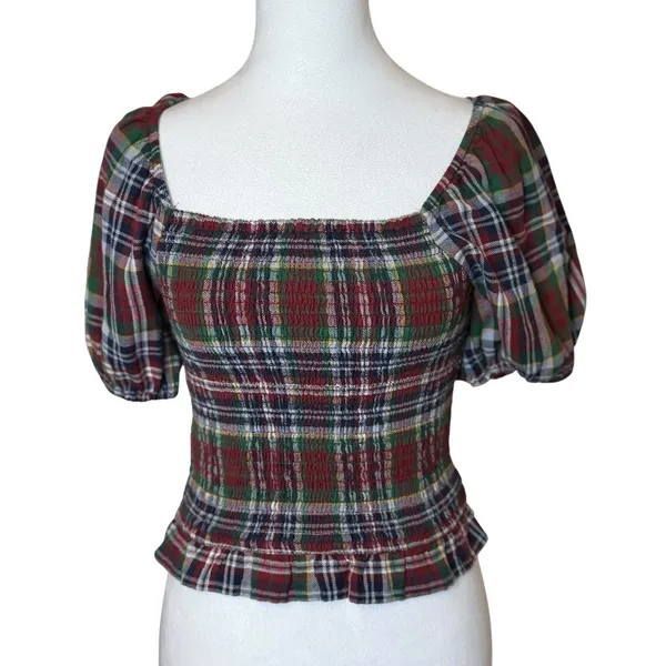 American Eagle Womens Plaid Square Neck Smocked Crop Top Small Holiday‎ Heritage - Image 4