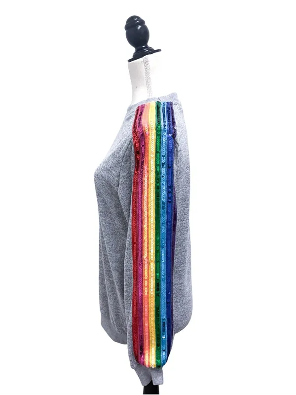 Lola And The Boys Heather Grey Rainbow Sequins Crew Neck Joggers Knit Set Small - Image 5