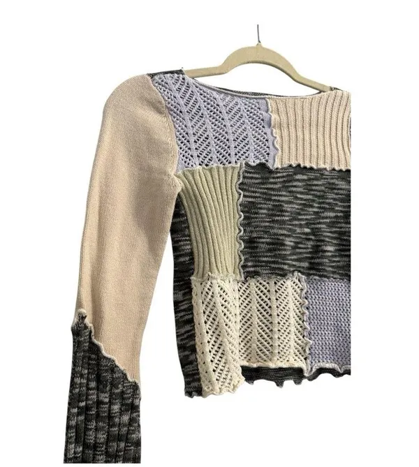 Urban Outfitters Overlock Patchwork Knit Top Sweater Purple Boho Size Small - Image 3