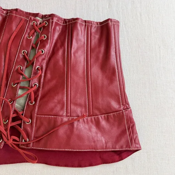 Edikted Moss Faux Leather Corset L Burgundy Y2K Lace Up Moto Bustier - Image 11