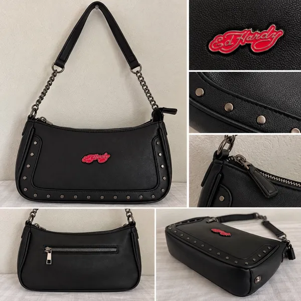 Ed Hardy Studded Black Shoulder Bag W/ Detachable Crossbody Strap Biker Retro - Image 8
