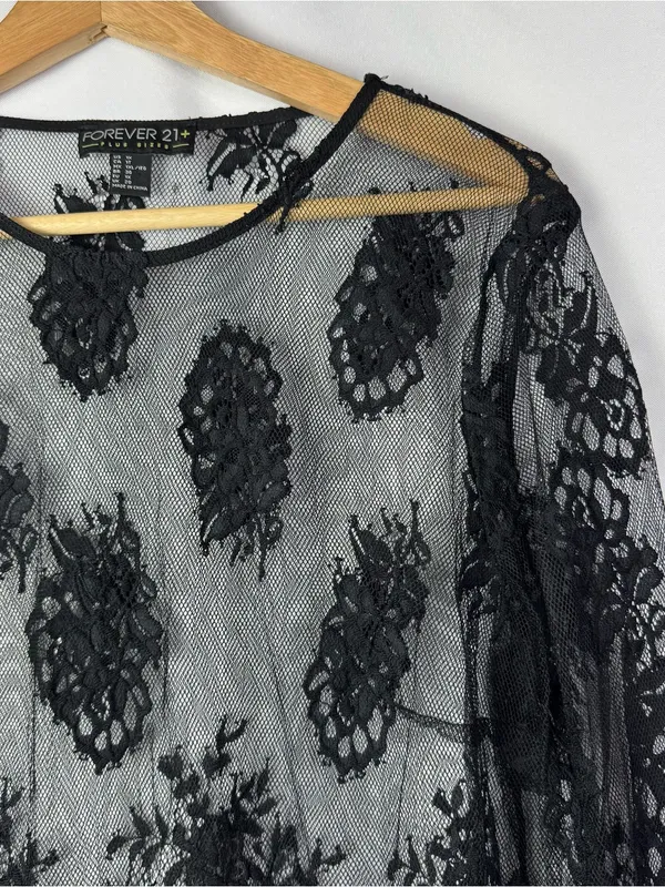 Forever 21 Plus Black Mesh Floral‎ Lace Scallop Hem Sheer Long Sleeve 1X - Image 3