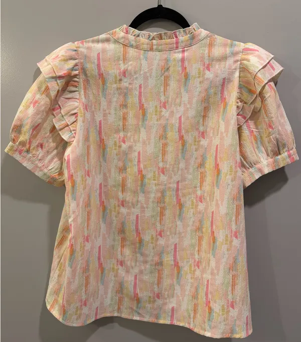 JODIFL Pastel Watercolor Ruffle Detail V-Neck Blouse Cream Multi - Image 2