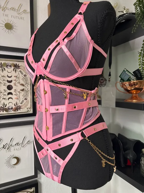 Playboy Charm Waspie 3pc Lingerie Set Pink Bra Corset Thong Gold Bunny Chains - Image 2