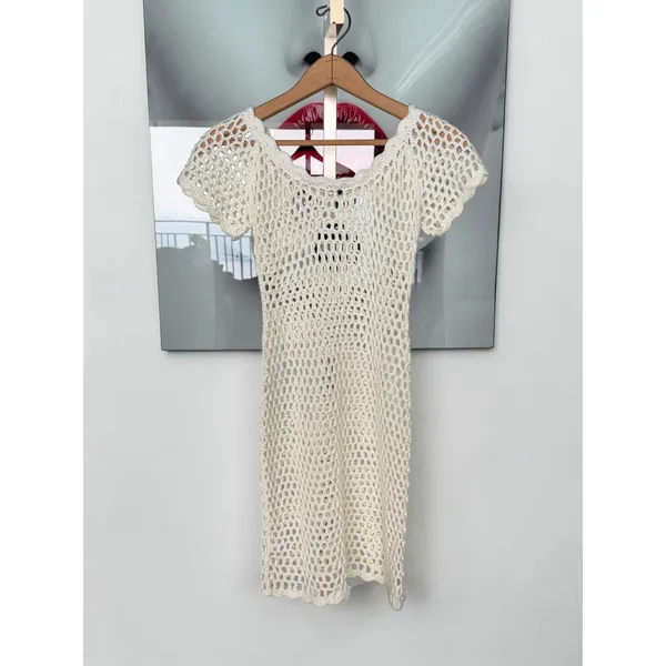 White Fox Crochet Mini Dress Cream Off White Swim Suit‎ Cover Up XS S NWT - Image 2
