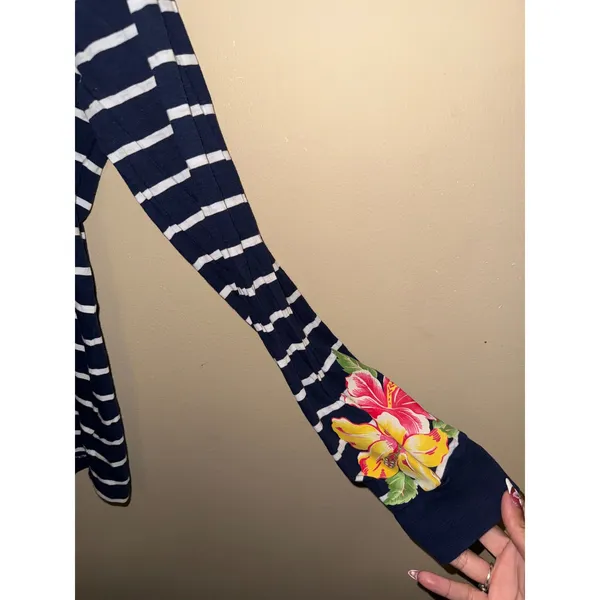 Polo Ralph Lauren Womens Navy Striped Floral Hibiscus Long Sleeve Top L Coastal - Image 3