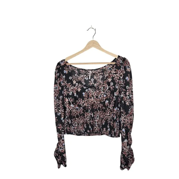 Free People Floral Smocked Crop Top L Square Neck Balloon Sleeve Black Boho - Image 2