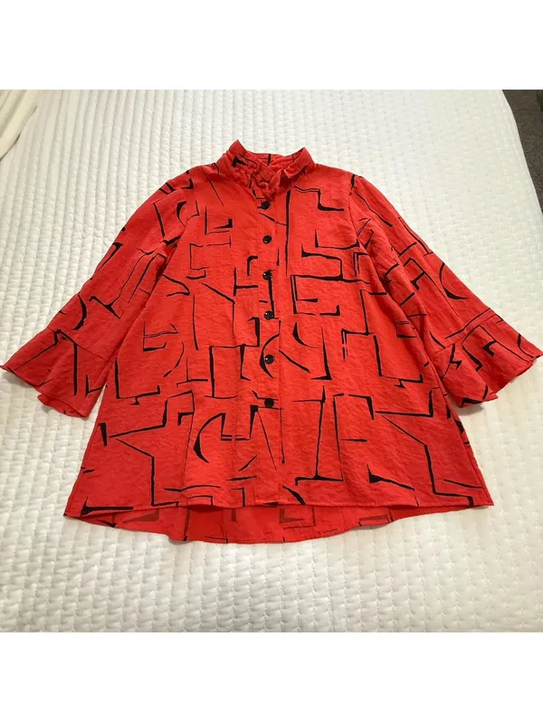 Ali Miles Coral Red Button Up Tunic Shirt Top Sz L Large Wire Collar Lagenlook - Image 13