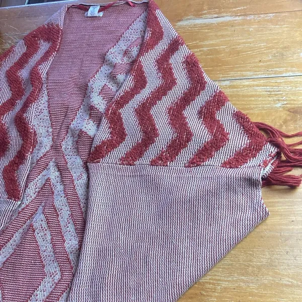 Free People Boho Diamond Fringe Kimono Cardigan Cacoon Knit Sweater Red One Size - Image 6