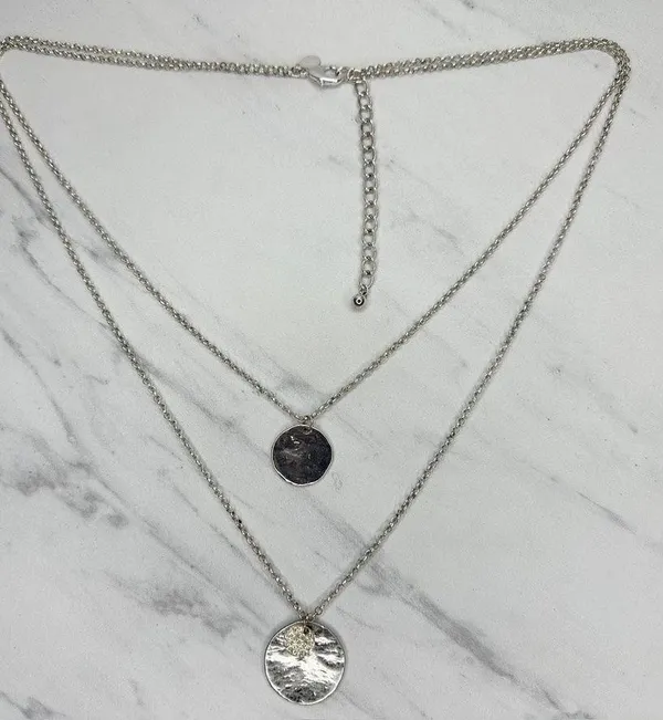 Chico's Layered Hammered Disc Rhinestone Silver Long Necklace ✨ - Image 2