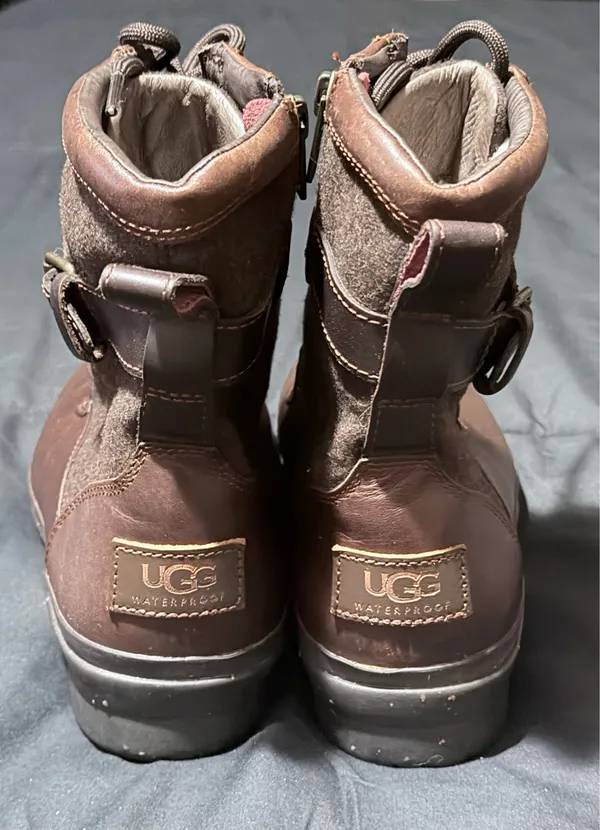 UGG Waterproof Brown Leather Lace Up Buckle Combat Ankle Boots Women Size 6.5 - Image 3