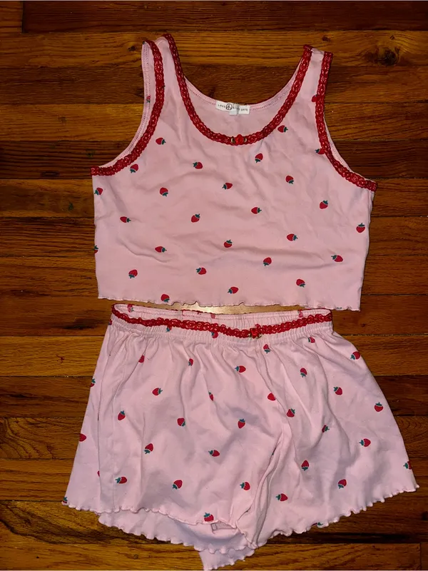 Love Peace & Lazy Days Strawberry Lace Trim Pajama Set Pink Coquette PJs Viral - Image 5