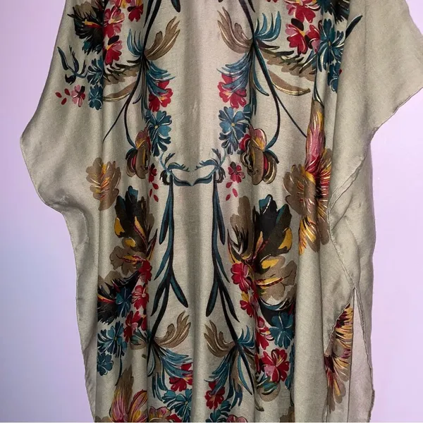 Tan Boho Floral Ruana Longline Shawl Lightweight Wrap - Image 12