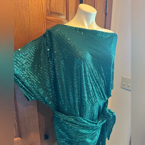Grace Karin XL Green Sequin Cocktail Dress Asymmetrical Wrap Waist Holiday Party - Image 3