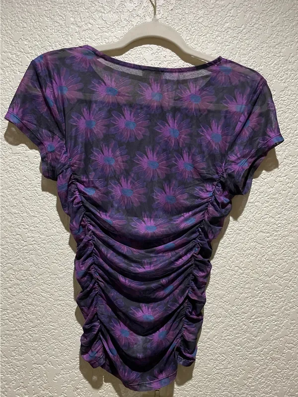 Free People NWT Purple Mesh Floral Ruched Women’s Tee Top Size M - Image 4