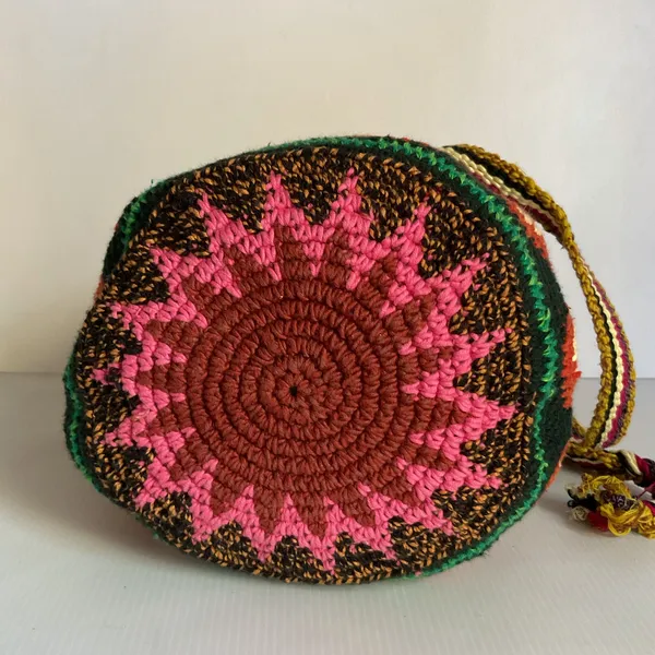 Boho Multicolor Woven Bucket Bag Crossbody Drawstring Ethnic Artisan Style Pink - Image 5