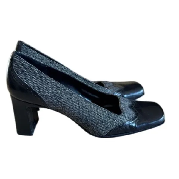 Bandolino Black Tweed Leather Block Heel Pumps Women's 7.5M Square Toe - Image 5