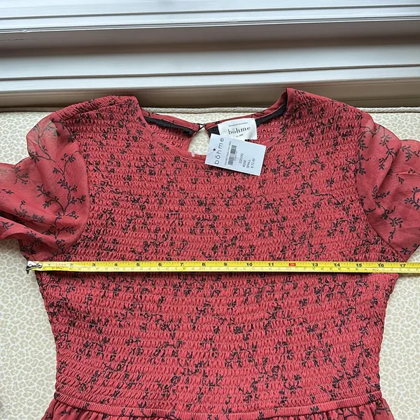 NWT bohme Smocked Tiered Maxi Dress Sheer Sleeves Rust with black design size S - Image 9