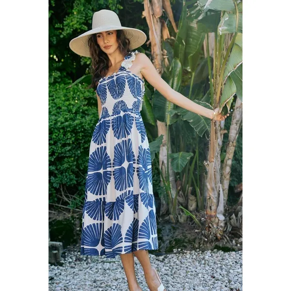 SO ME Abstract Print Smocked Bodice Tiered Lined Midi Dress - Navy - Medium - Image 15
