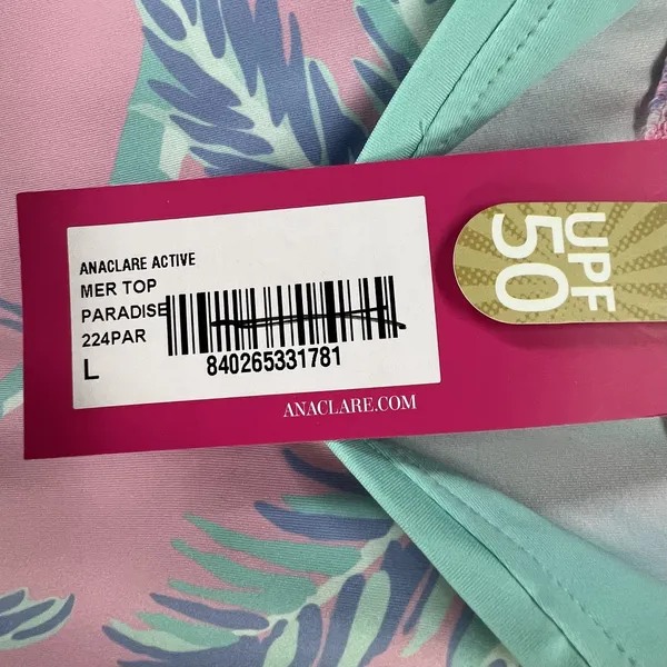 Ana Clare Active Mer Top Pink Paradise Palm Print UPF 50 Golf Polo Shirt‎ Size L - Image 10