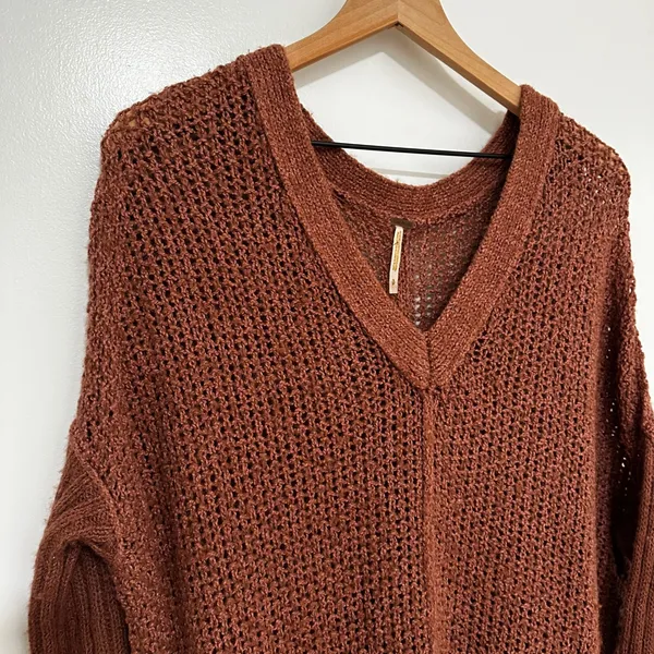 Free People | Women's Rust Brown Oversized V-Neck Knit Sweater Dress, Size S/P - Image 3
