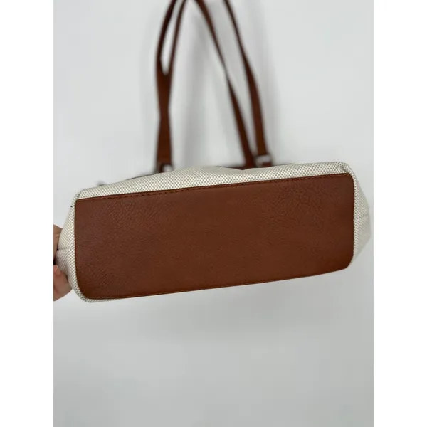 Stone Mountain Tote Bag‎ Purse Brown Ivory Canvas Faux Leather Shoulder Bag - Image 5