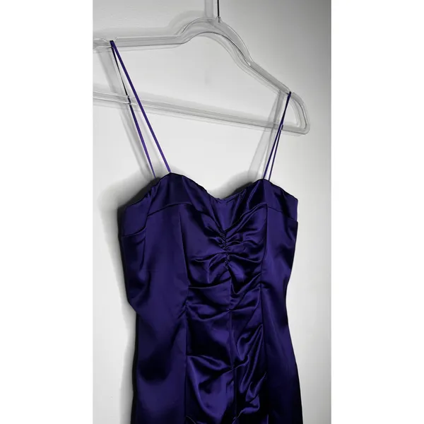 Vintage 1990s Cache Purple Satin Ruched Strapless Mini Dress XS - Image 8