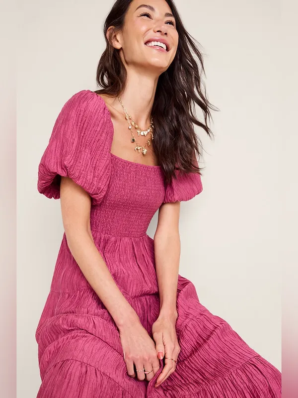 Stacey Puff Sleeve Smocked Rose Boho Midi Dress - Image 3