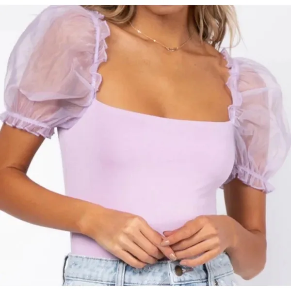 Princess Polly 4 Girl In Love Bodysuit Blouse Lilac Purple Puff Sleeve Coquette - Image 2