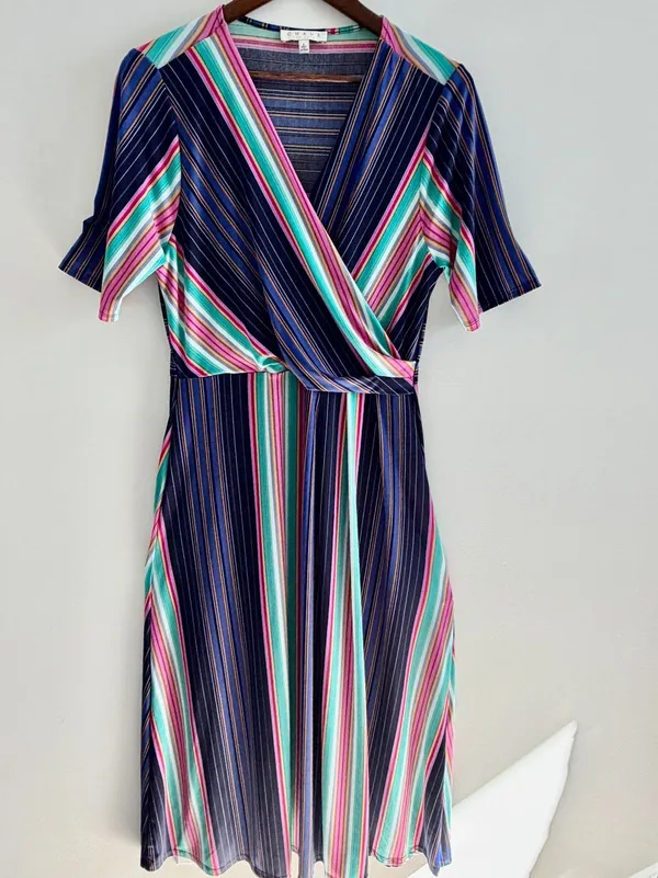 Chaus Women Striped Faux Wrap Midi Dress Large Multi Color Retro Preppy Top - Image 2