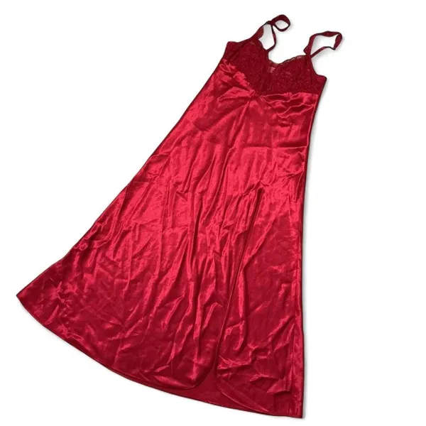 Victoria's Secret Lace Trim Satin Nightgown Women S Red Maxi Slip Dress Lingerie - Image 2