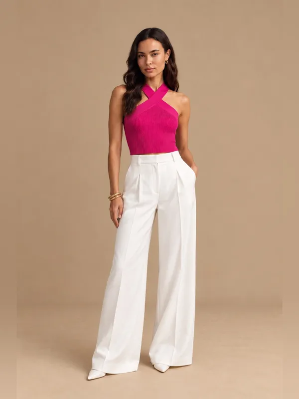Babaton Aritzia Fuchsia Ribbed Crisscross Cropped Knit Fitted Halter Top Size XS - Image 9