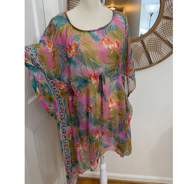 Sunflower Kaftan Swim Cover Up Womens Free Size Pink Tropical Sheer Chiffon Boho - Image 3