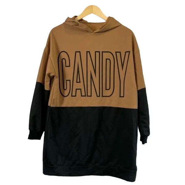 Black Brown Colorblock Long Hoodie Tunic Pullover Streetwear Casual Medium - Image 3