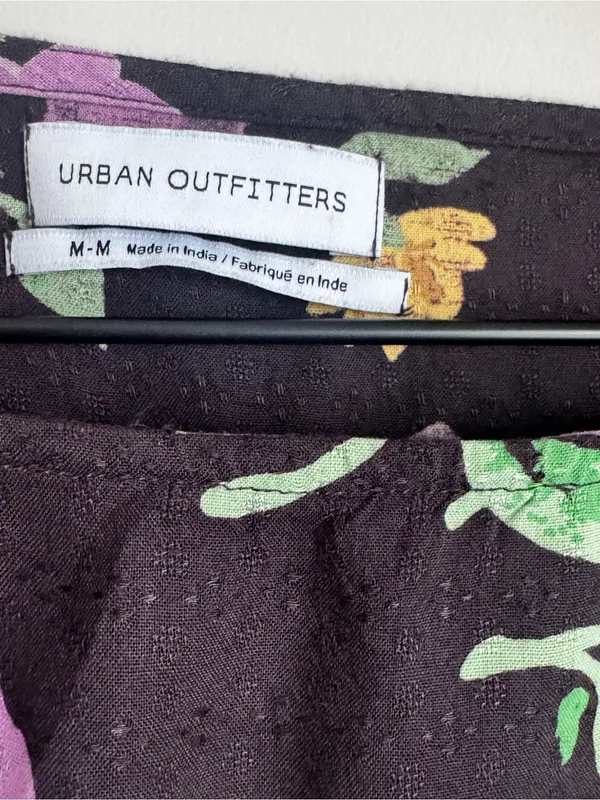 Urban Outfitters Leandra Smocked Mini Dress Black Purple Floral Long Sleeve Sz M - Image 5