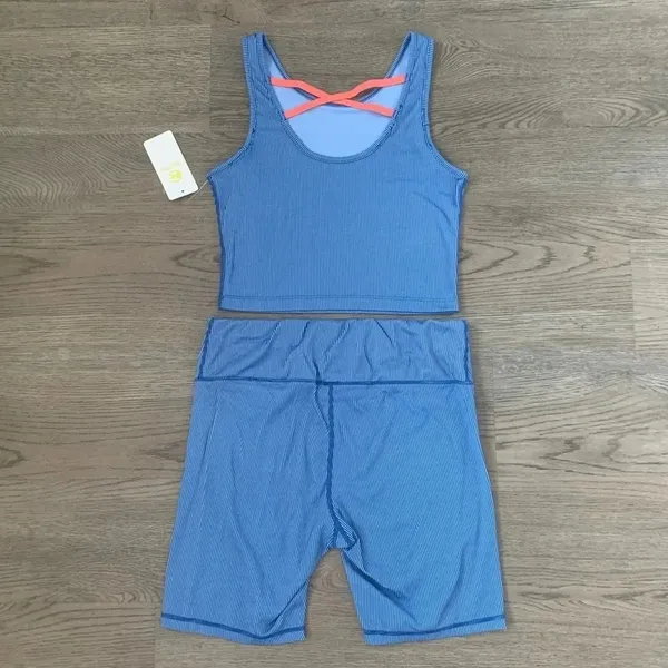 Nautica Blue Ribbed Biker Short Set Crop Top‎ Athleisure Gym Pilates Size M NWT - Image 4