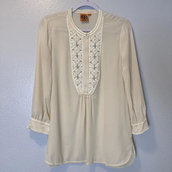 Tory Burch Size-8 Silk Embellished Blouse 3/4 Sleeve‎ Top Ivory - Image 6
